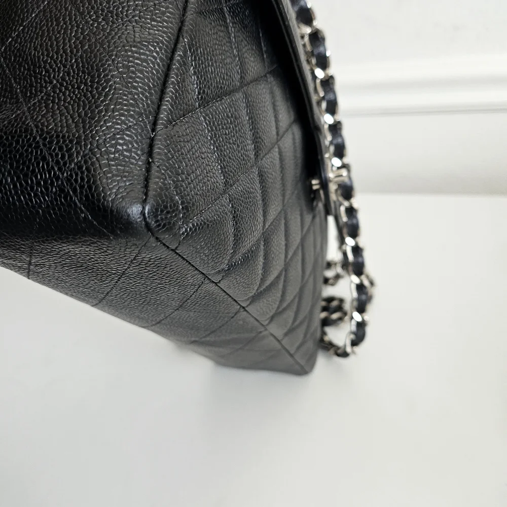 Chanel Black Quilted Caviar Leather Classic Jumbo Single Flap Bag